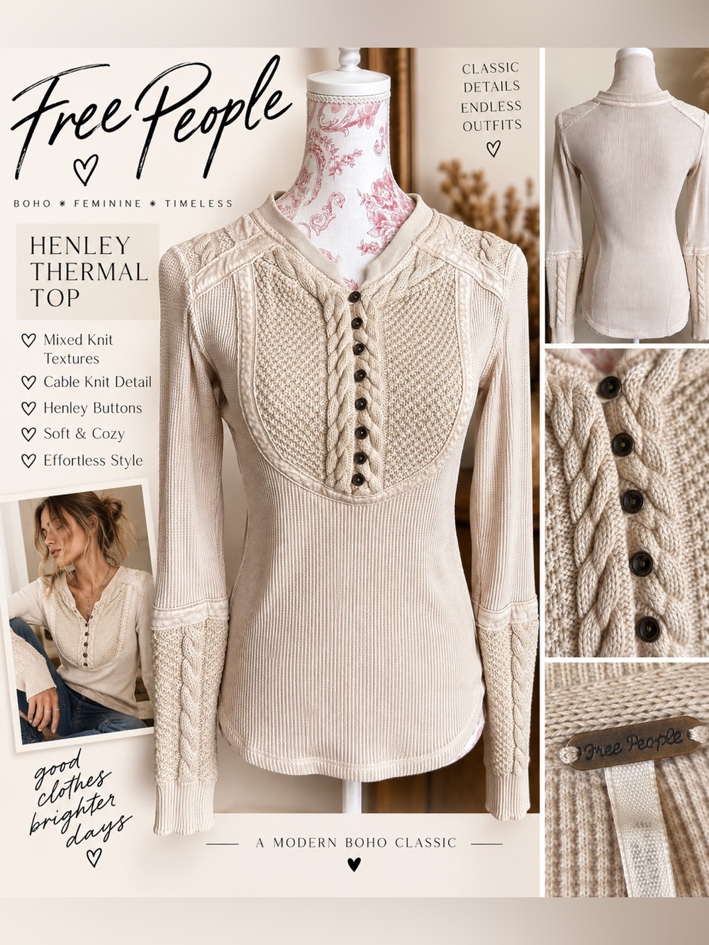 Free People Ivory Cable Knit Thermal Henley Top XS Boho